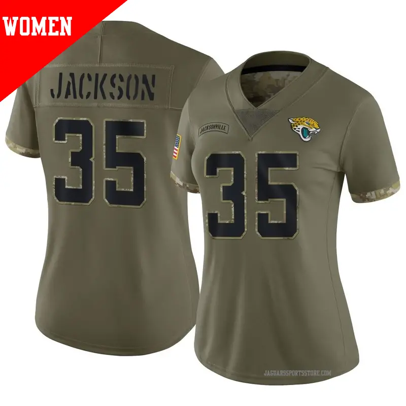 Women s 35 Matthew Jackson Jacksonville Jaguars Limited Olive 2022 Salute To Service Jersey